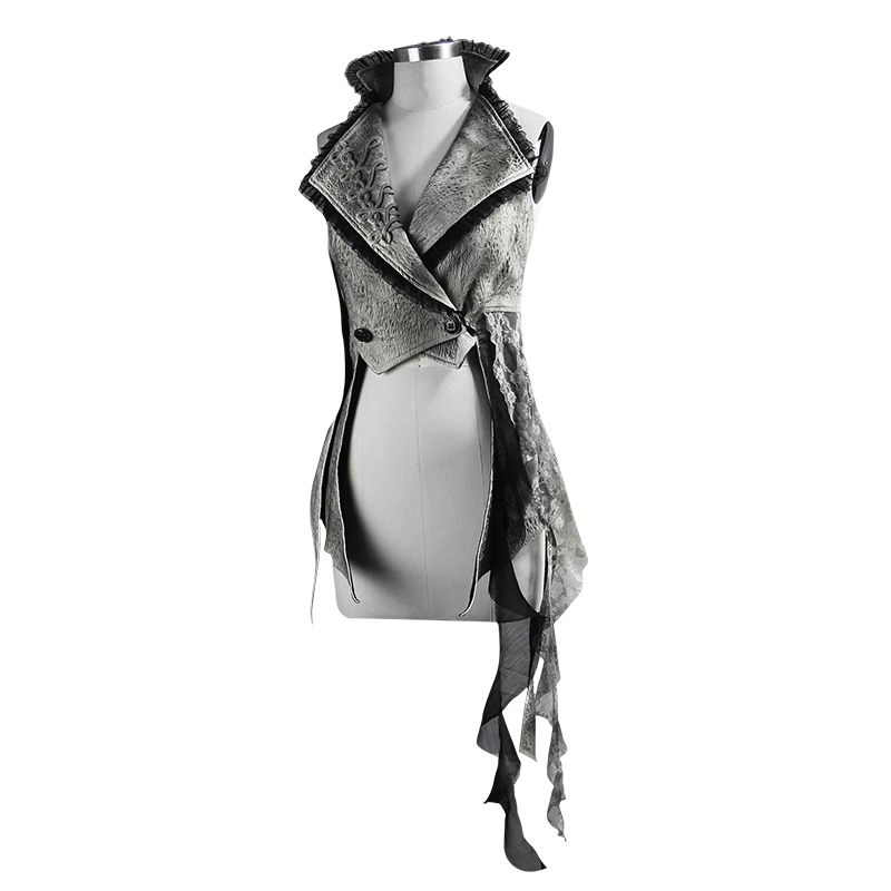 Women's Asymmetrical Waistcoat with Black Lace and Chiffon / High Collar Waistcoat in Punk Style