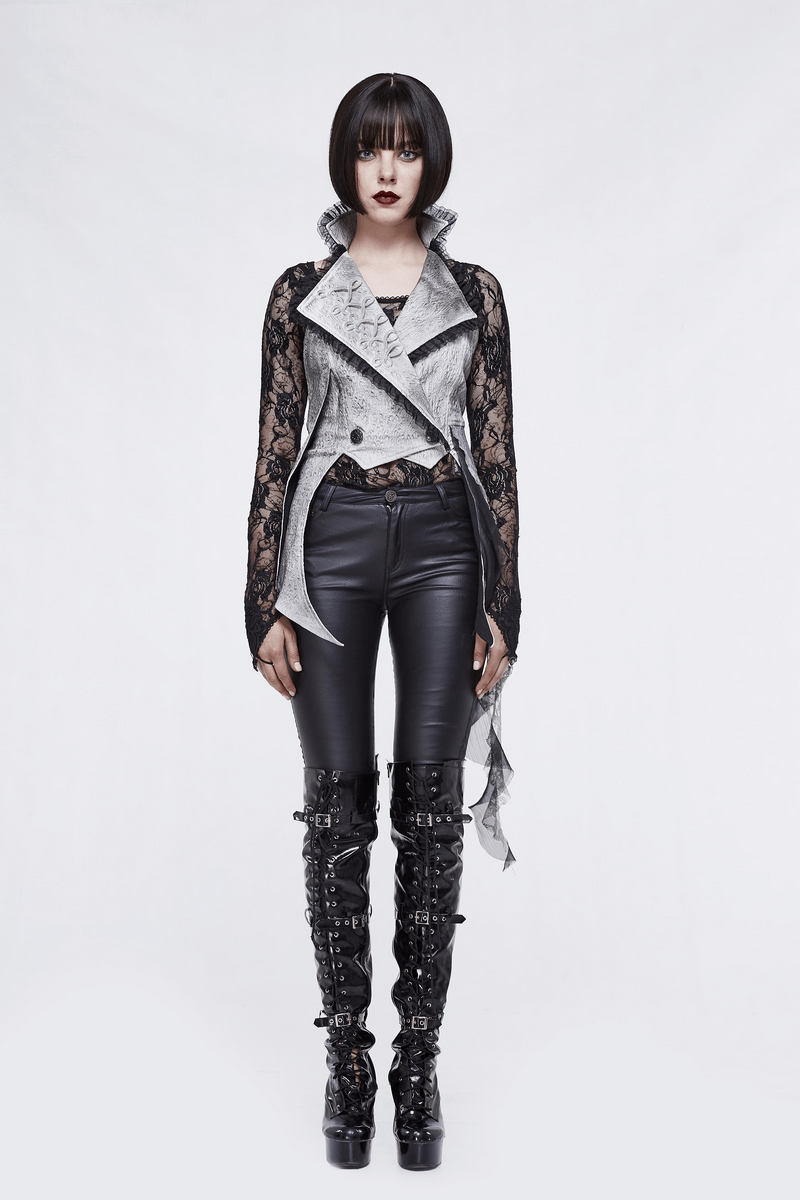 Women's Asymmetrical Waistcoat with Black Lace and Chiffon / High Collar Waistcoat in Punk Style