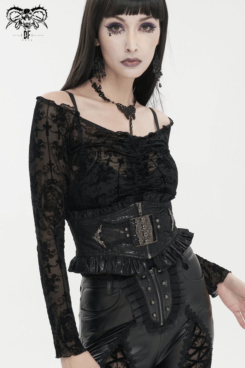 Model showcasing a Women's Gothic Beaded Ruffle Belt with lacing back, perfect for a bold gothic style outfit.