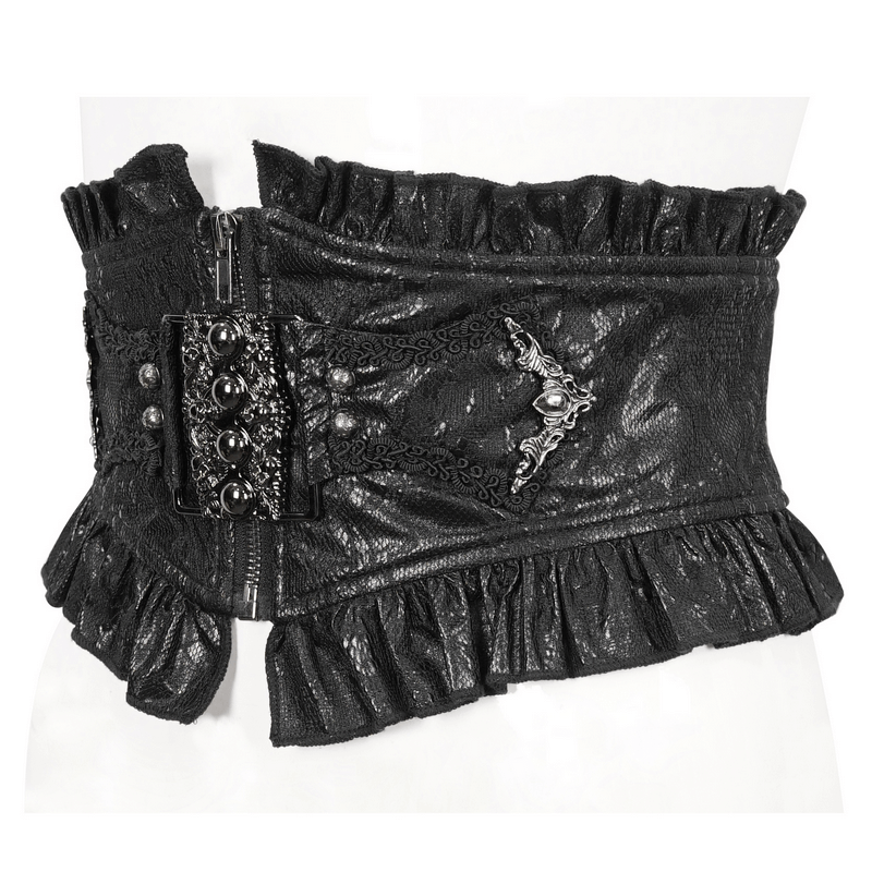 Women's gothic beaded ruffle belt with lacing back and zipper corset accent in black.