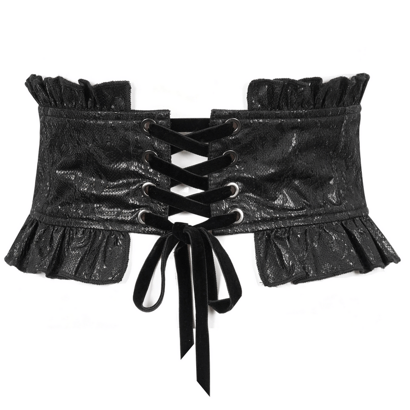 Women's Gothic beaded ruffle corset belt with adjustable lacing back and bold zipper accent.