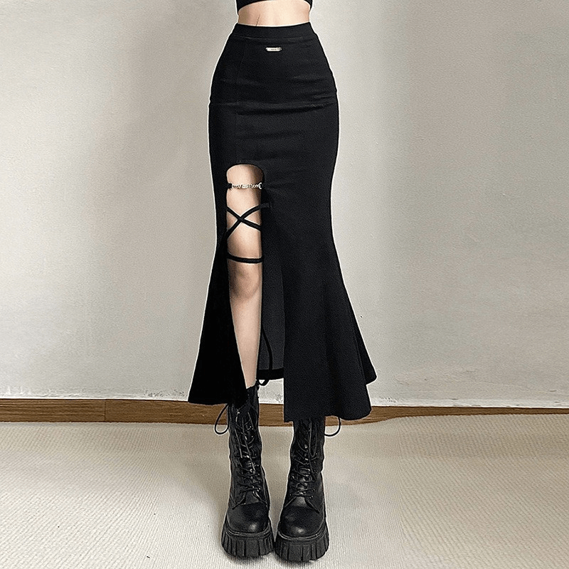 Women's black flared skirt with split, featuring gothic style and edgy lace-up details, perfect for alternative fashion.