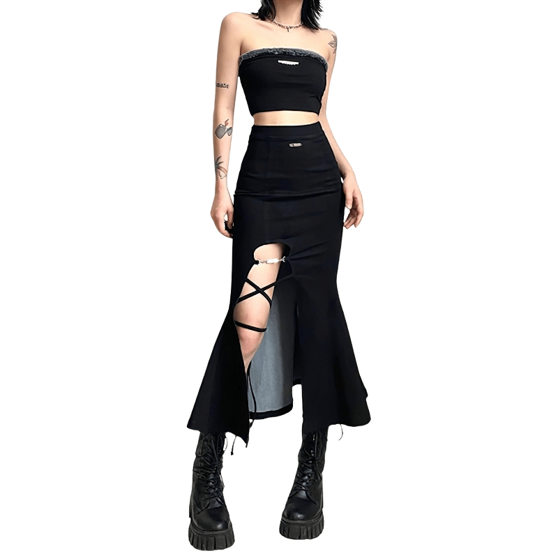 Stylish women's black flared skirt with split and gothic top, perfect for alternative fashion enthusiasts.