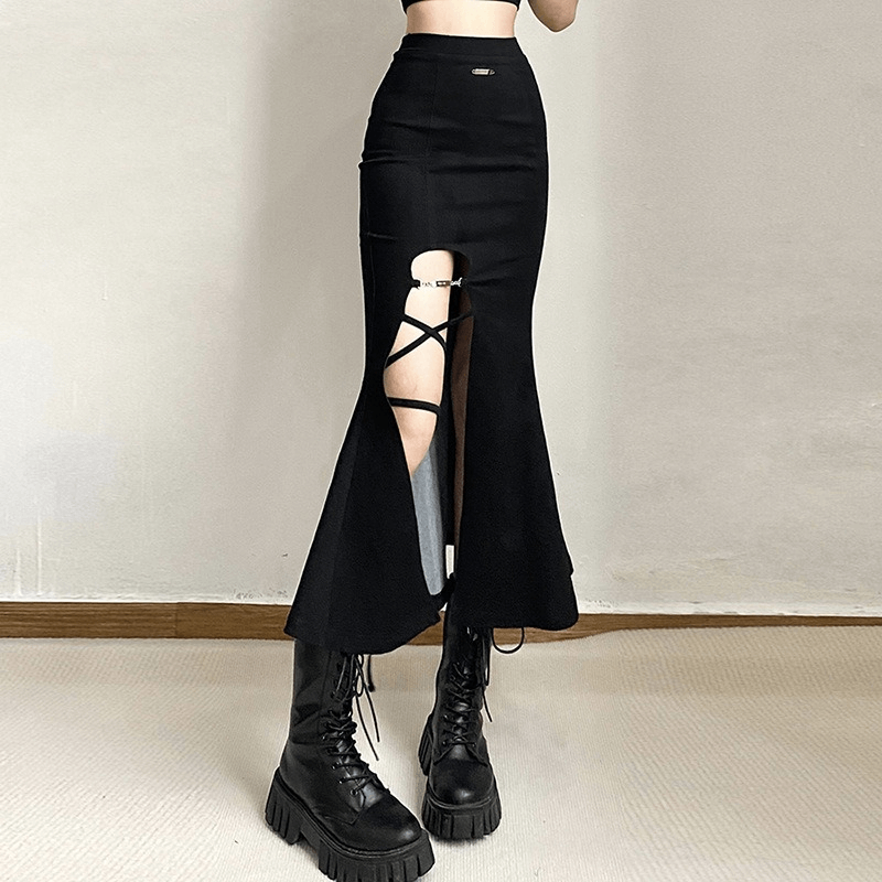 Women's black flared skirt with side split, perfect for gothic style and alternative fashion enthusiasts.
