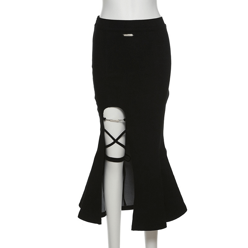 Women's black flared skirt with split and gothic details, featuring quality fabric and stylish flare cut.