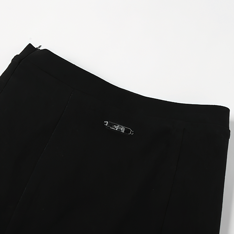 Detail of women's black flared skirt showing the waistband and clasp, perfect for gothic and alternative fashion.