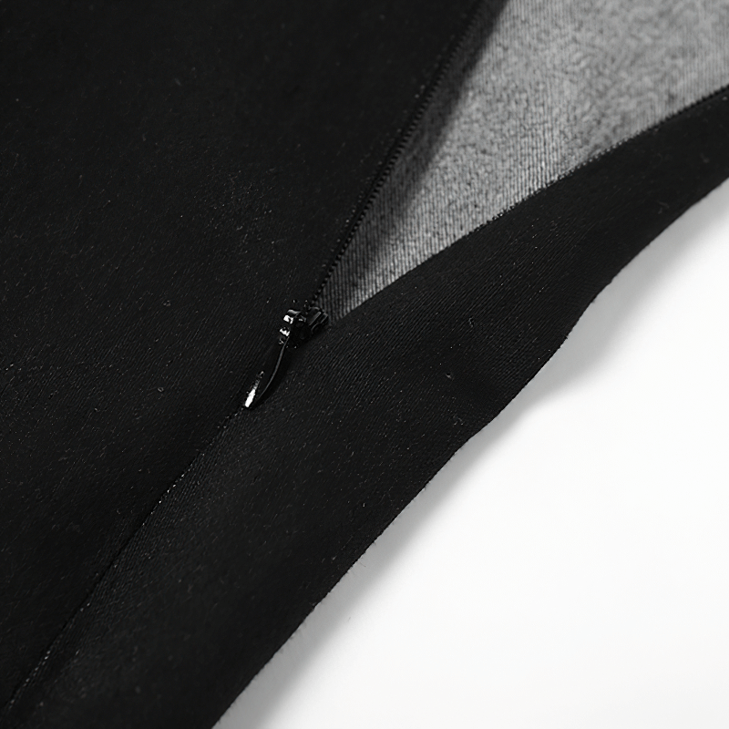 Close-up of the zipper detail on a women's black flared skirt, showcasing gothic style and quality materials.