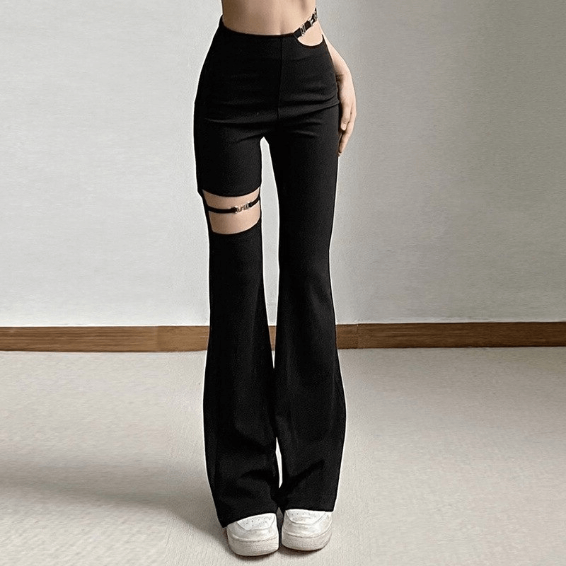 Stylish women's black high-waisted hollow-out flare pants, perfect for aesthetic outfits and showcasing your figure.