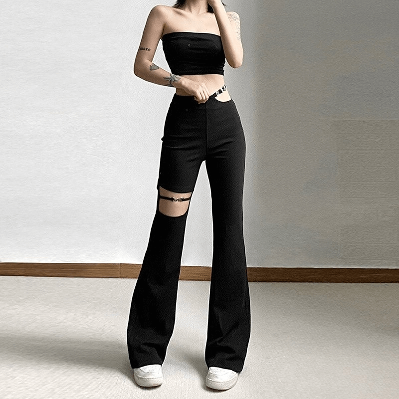 Women's Black High-Waisted Flare Pants Aesthetic Style