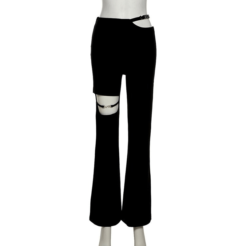 Women's black high-waisted flare pants with hollow cutouts, showcasing a trendy aesthetic style.
