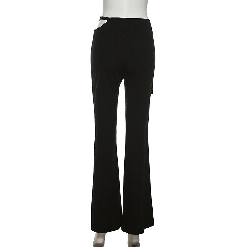 Women's black high-waisted flare trousers with hollow out design, showcasing a stylish aesthetic.