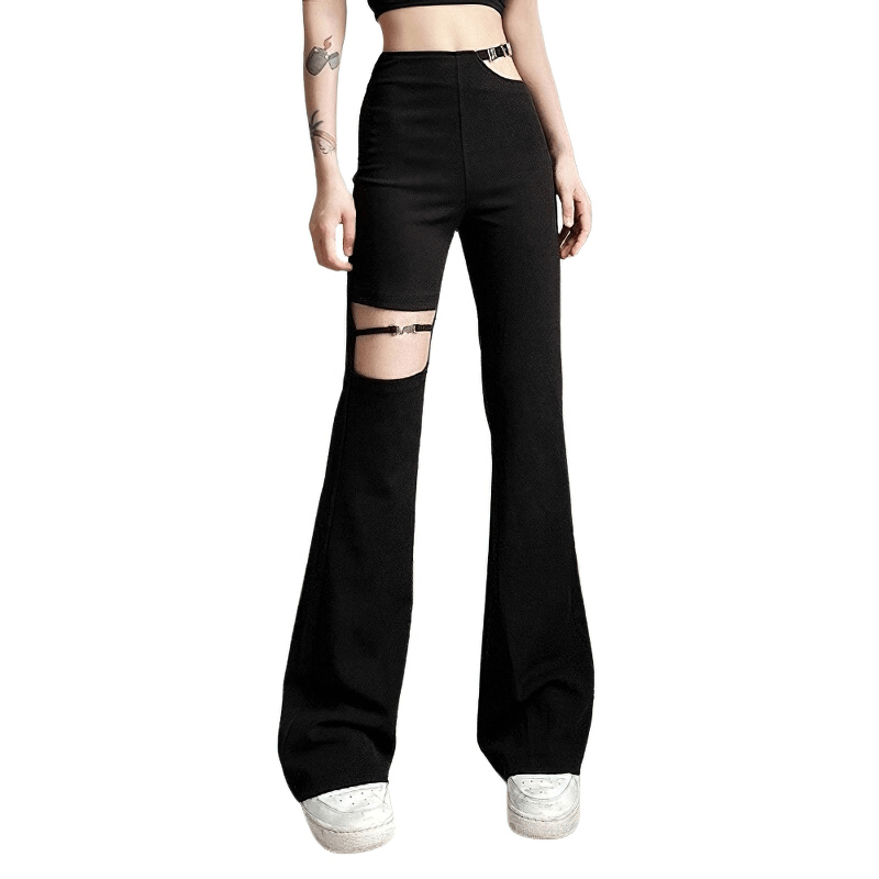 Women's black high-waisted hollow out flare pants, stylish aesthetic outfit, perfect for a trendy look.
