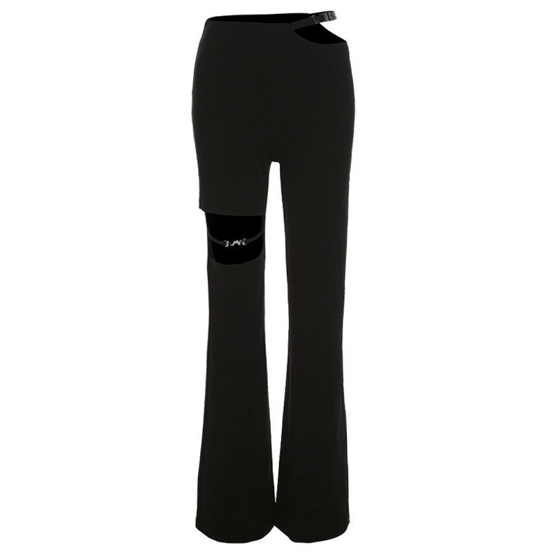 Women's black high-waisted flare pants with hollow out design for a stylish aesthetic look.