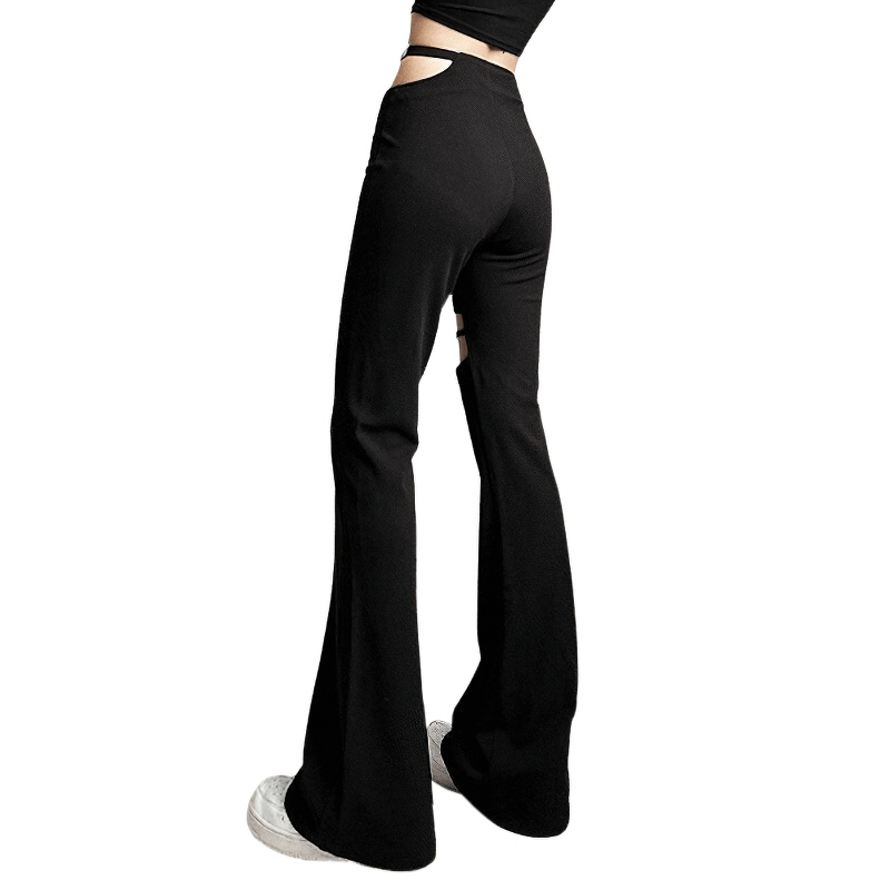 Women’s black high-waisted flare pants with hollow out design, perfect for aesthetic outfits and highlighting your figure.