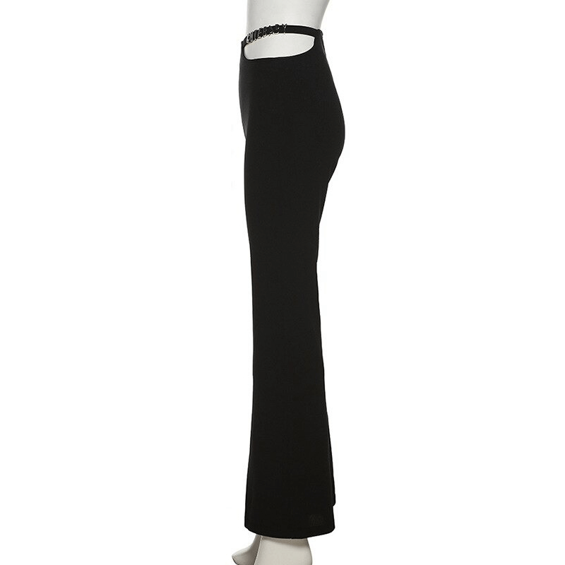 Side view of women's black high-waisted flare pants showcasing a stylish design and aesthetic vibes.