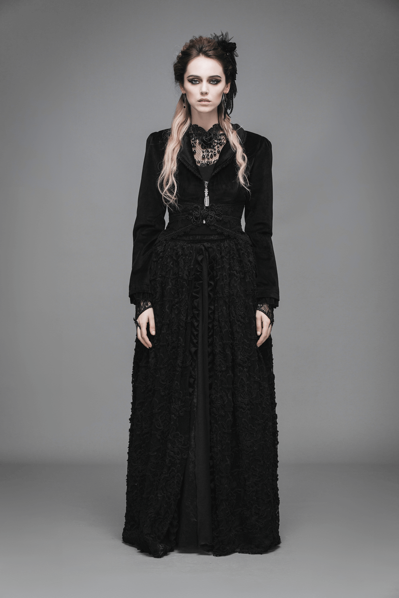Elegant woman in gothic black attire showcasing a striking lace necklace with rose detail, exuding a dark romantic vibe.