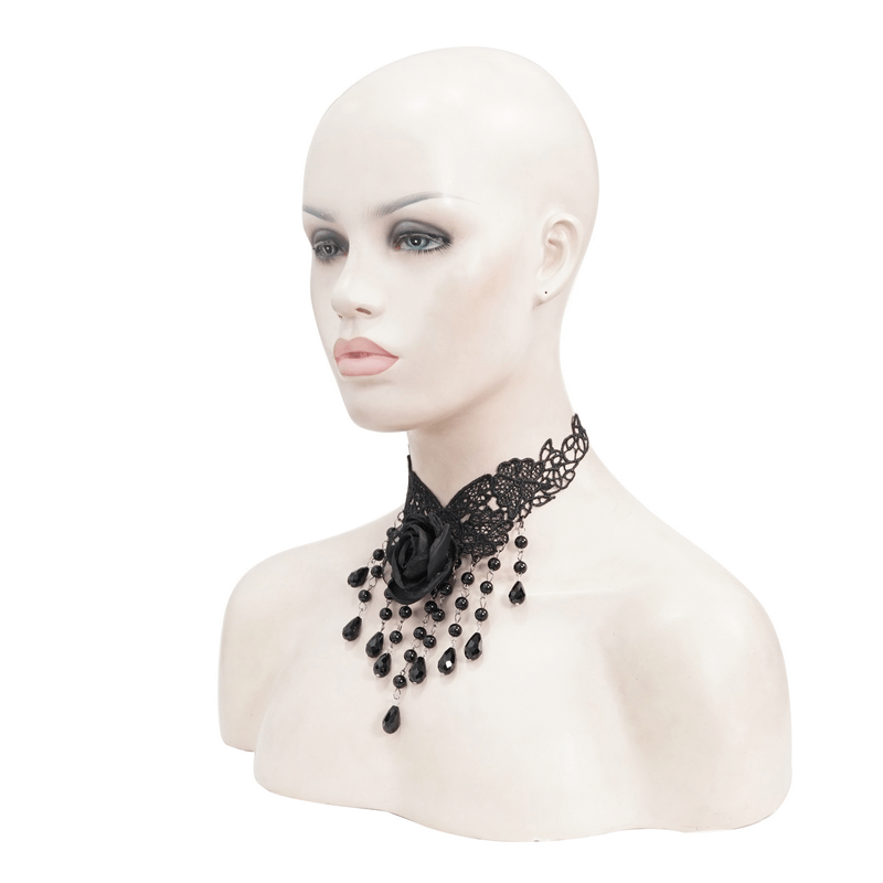 Elegant women's black lace necklace with rose and drops, perfect gothic accessory for stylish wardrobes.