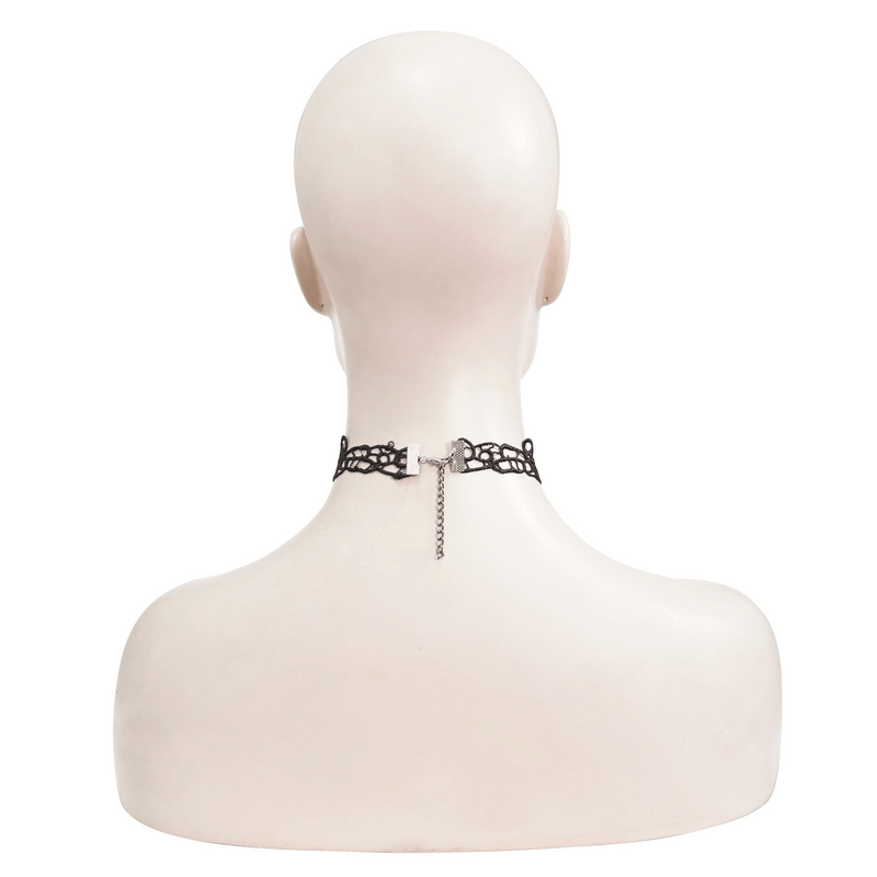 Back view of women's black lace necklace with adjustable chain, showcasing gothic elegance and rose detail.
