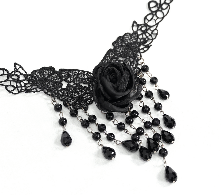 Women's black lace necklace with rose and beads, elegant gothic accessory, perfect for unique styles.