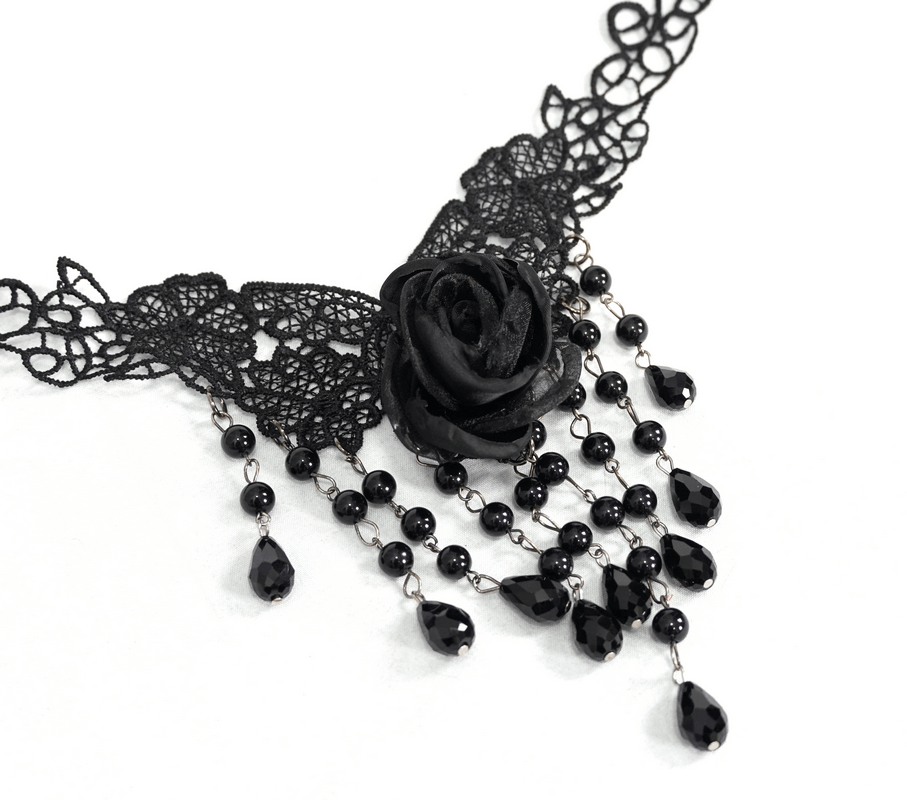 Women’s Black Lace and Rose Necklace / Stylish Necklace with Adjustable Chain - HARD'N'HEAVY