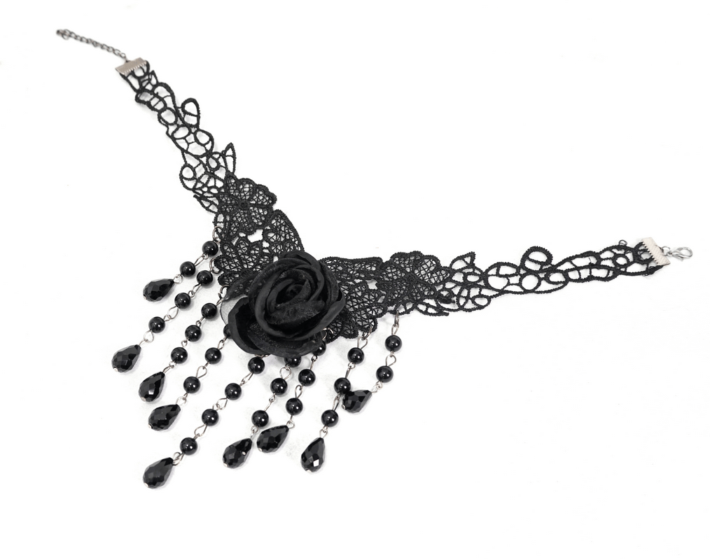 Elegant women's black lace necklace with rose accent and drop beads, perfect gothic accessory for stylish outfits.