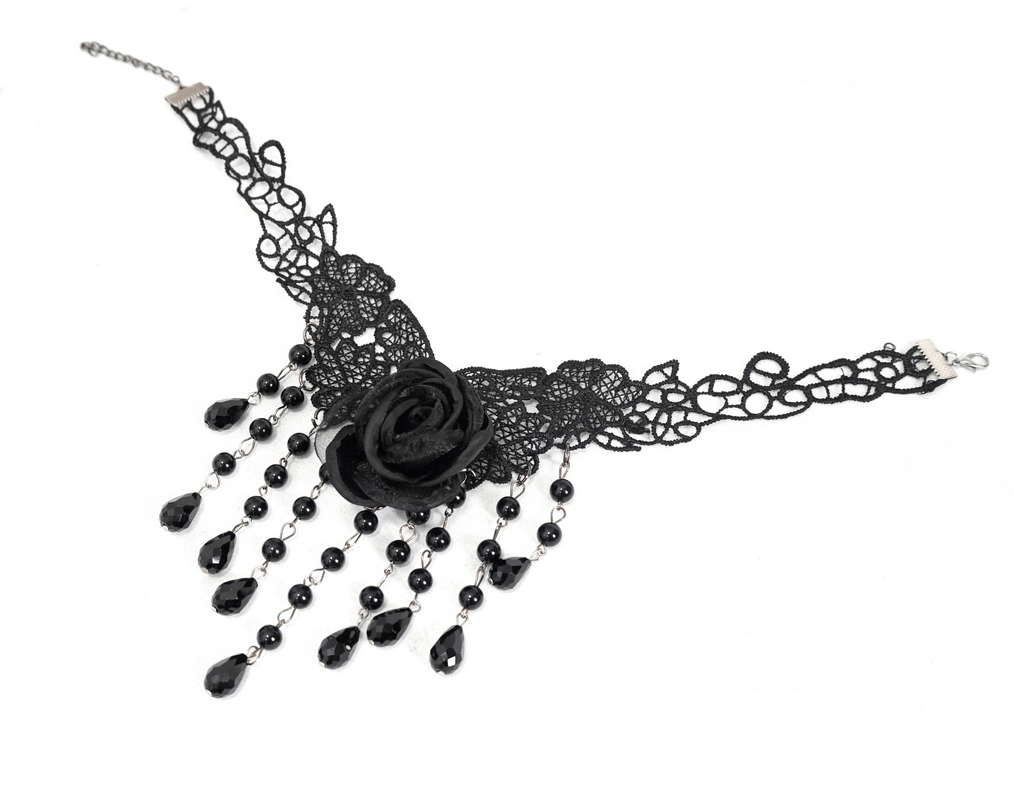 Women’s Black Lace and Rose Necklace / Stylish Necklace with Adjustable Chain - HARD'N'HEAVY