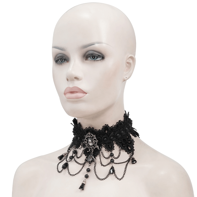 Women's Black Lace Necklace with Rhinestones / Elegant Gothic Necklace with Drop Shaped Pendant