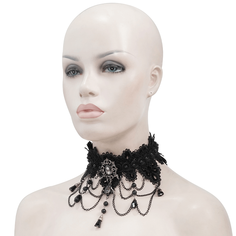 Women's black lace gothic necklace with rhinestones and drop pendant, perfect for elegant outfits.