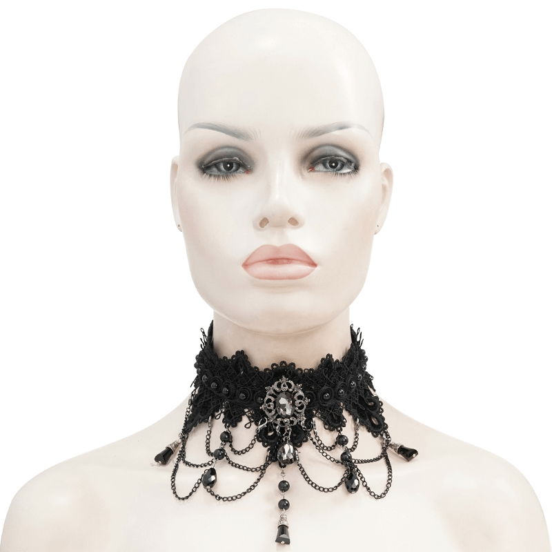 Stunning women's black lace necklace with rhinestones and drop pendant, perfect for gothic style outfits.