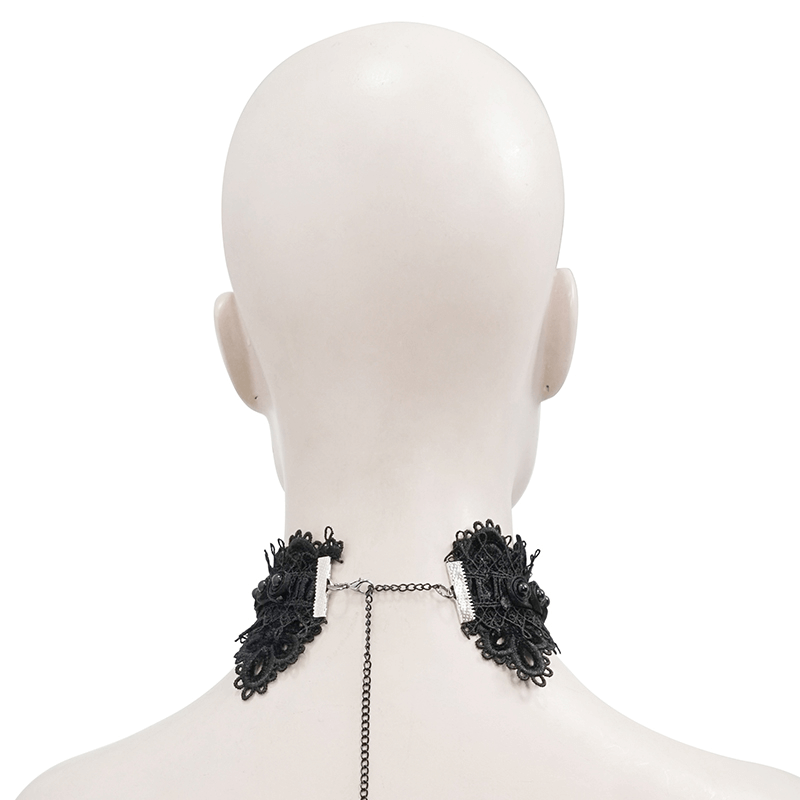 Women's Black Lace Necklace with Rhinestones / Elegant Gothic Necklace with Drop Shaped Pendant