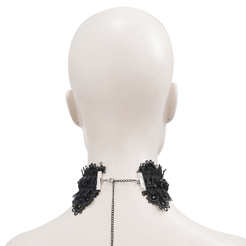 Back view of elegant women's black lace necklace with rhinestones, showcasing intricate gothic design and luxurious detail.