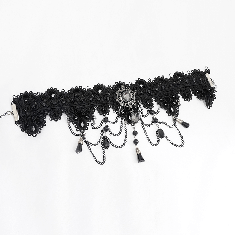 Women's elegant black lace necklace with rhinestones and drop-shaped pendant, perfect for gothic outfits.