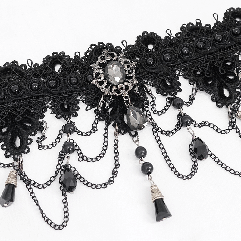 Women's elegant black lace necklace with rhinestones and drop-shaped pendants for gothic style outfits.