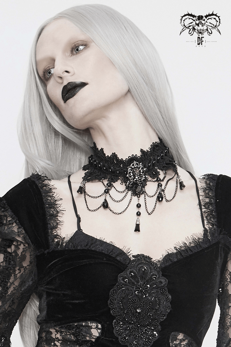 Elegant women's black lace necklace with rhinestones and drop pendant, perfect for gothic fashion.