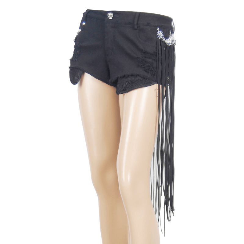Women's Black Shorts with Detachable Fringes / Goth Female Shorts with Studs and Torn Effect