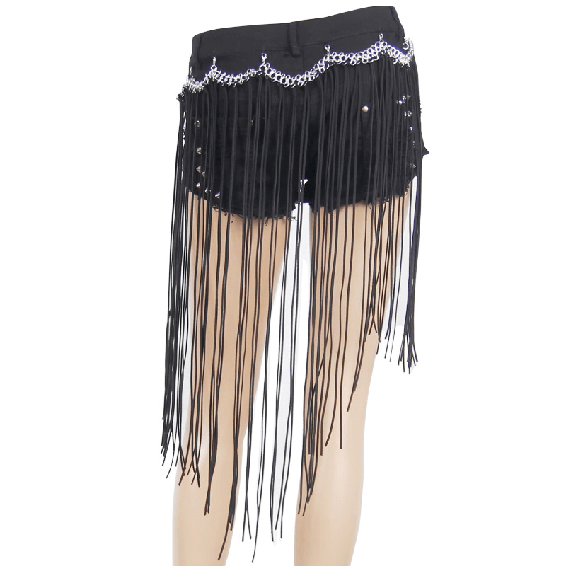 Women's Black Shorts with Detachable Fringes / Goth Female Shorts with Studs and Torn Effect