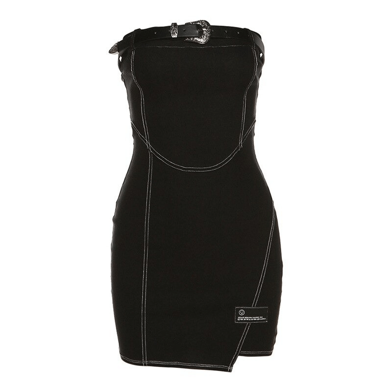 Trendy women's black tube dress with chest belt, bodycon fit, showcasing stylish design and modern aesthetics.