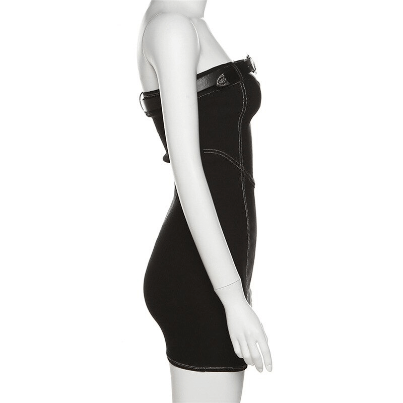 Side view of a women's black tube dress with a chest belt, showcasing a bodycon fit and trendy design.