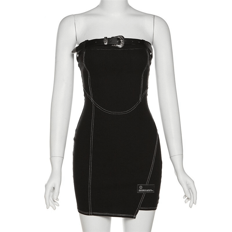 Women's black tube dress with chest belt, bodycon mini style, showcasing trendy casual fashion.