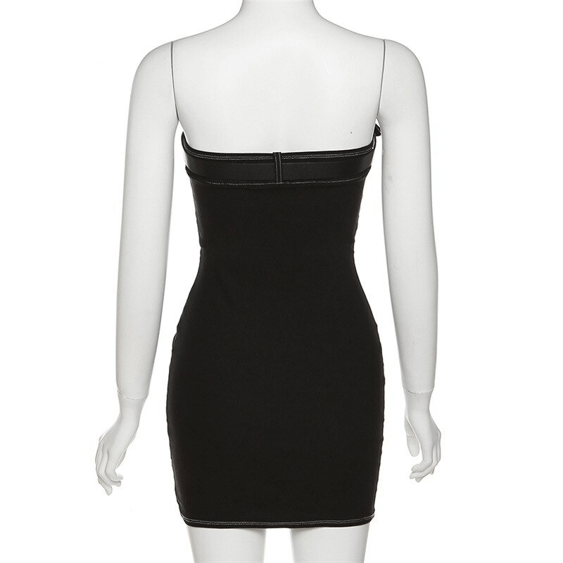 Back view of a women's black tube dress with chest belt, highlighting its bodycon fit and trendy style.