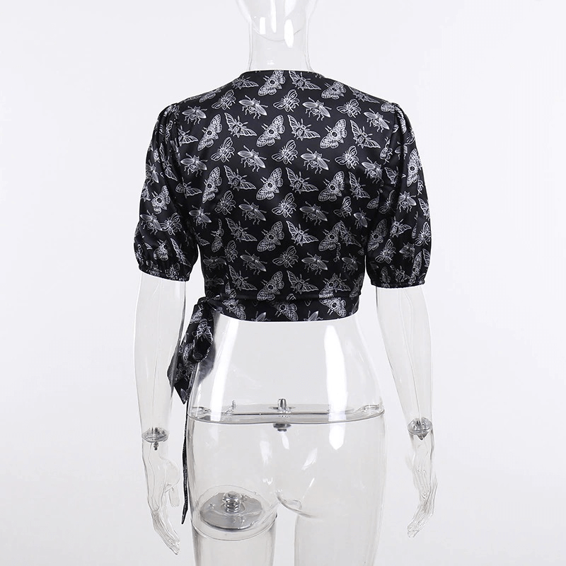 Women's Black V-neck Crop Top with Butterfly Print / Sexy Clothing in Gothic Style