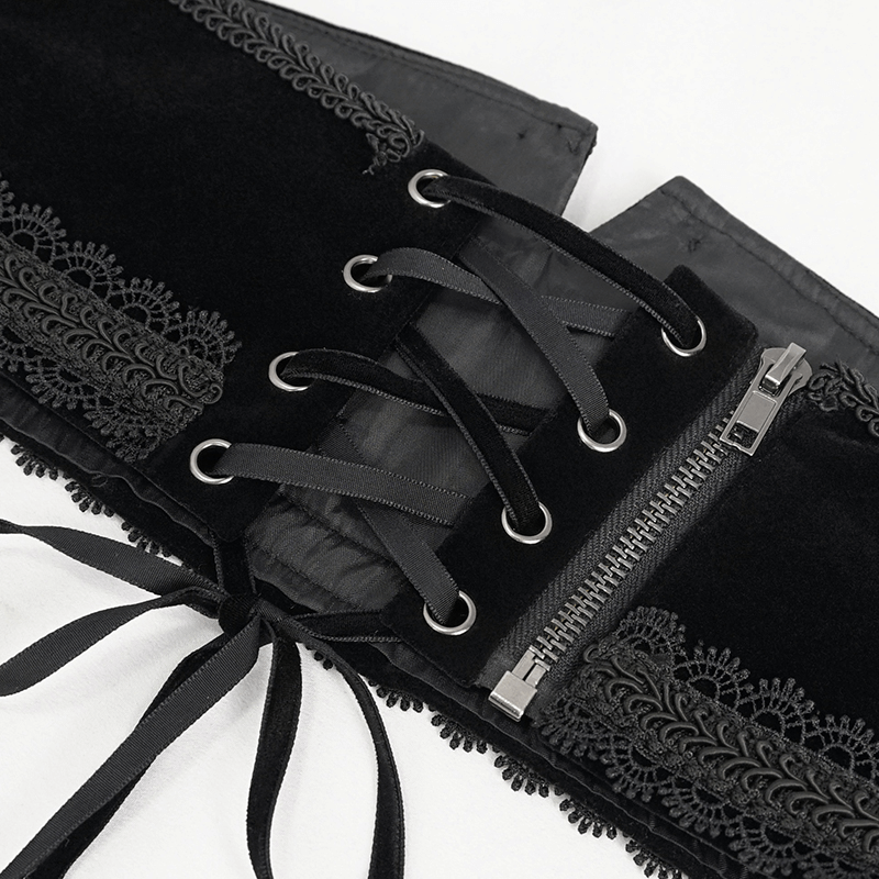 Close-up of a women's black vintage lace trim girdle with back zipper and lacing detail, perfect for gothic outfits.