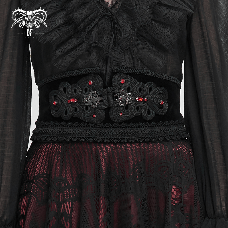 Women's black vintage lace trim gothic belt with beading, stylish accessory to elevate your outfit.