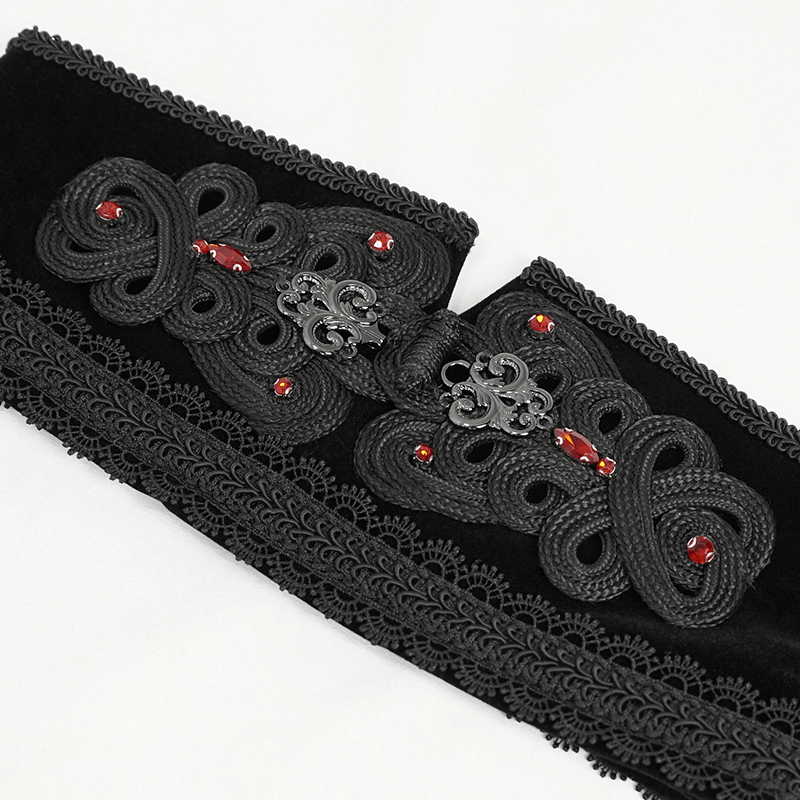 Elegant women's black vintage belt with lace trim and beading, perfect for gothic outfits and stylish ensembles.