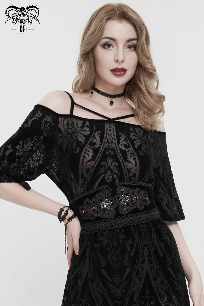 Model wearing a women's black vintage lace trim girdle with beading, adding elegance to a gothic outfit.