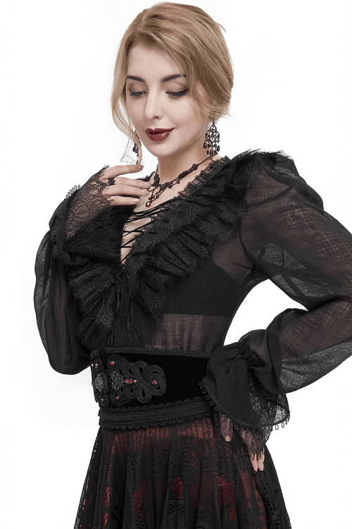 Schwarzer Vintage-Spitzenbesatz vorne mit geteiltem Gürtel / Gothic-Gürtel für Damen