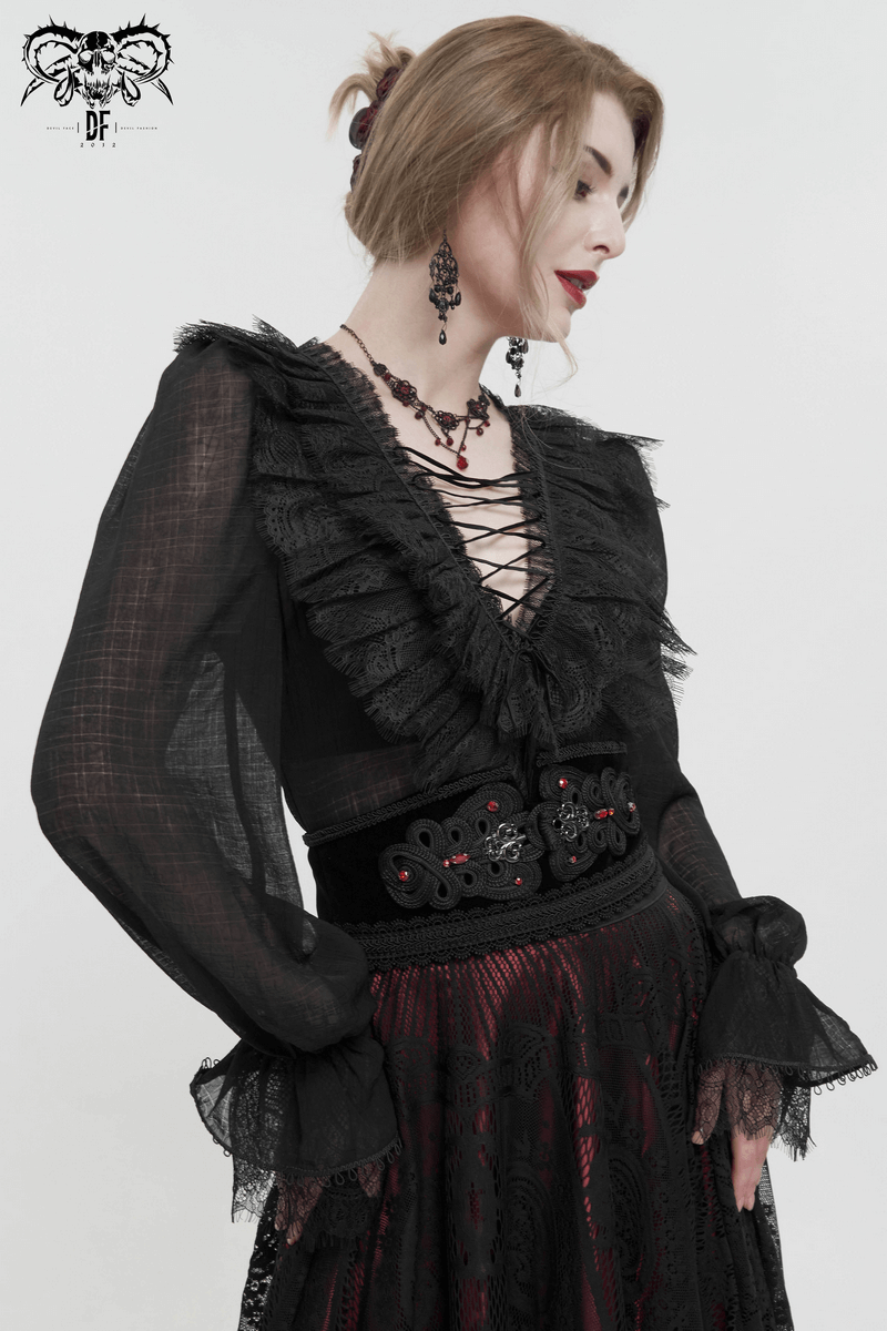 Model showcasing a women's vintage gothic lace trim girdle belt with back zipper and beading, styled with dark elegant attire.