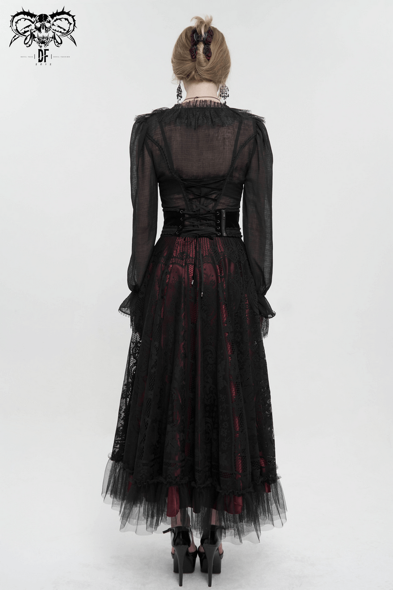 Back view of a woman in a stylish black gothic dress with lace detailing and tulle accents, showcasing elegance and vintage charm.