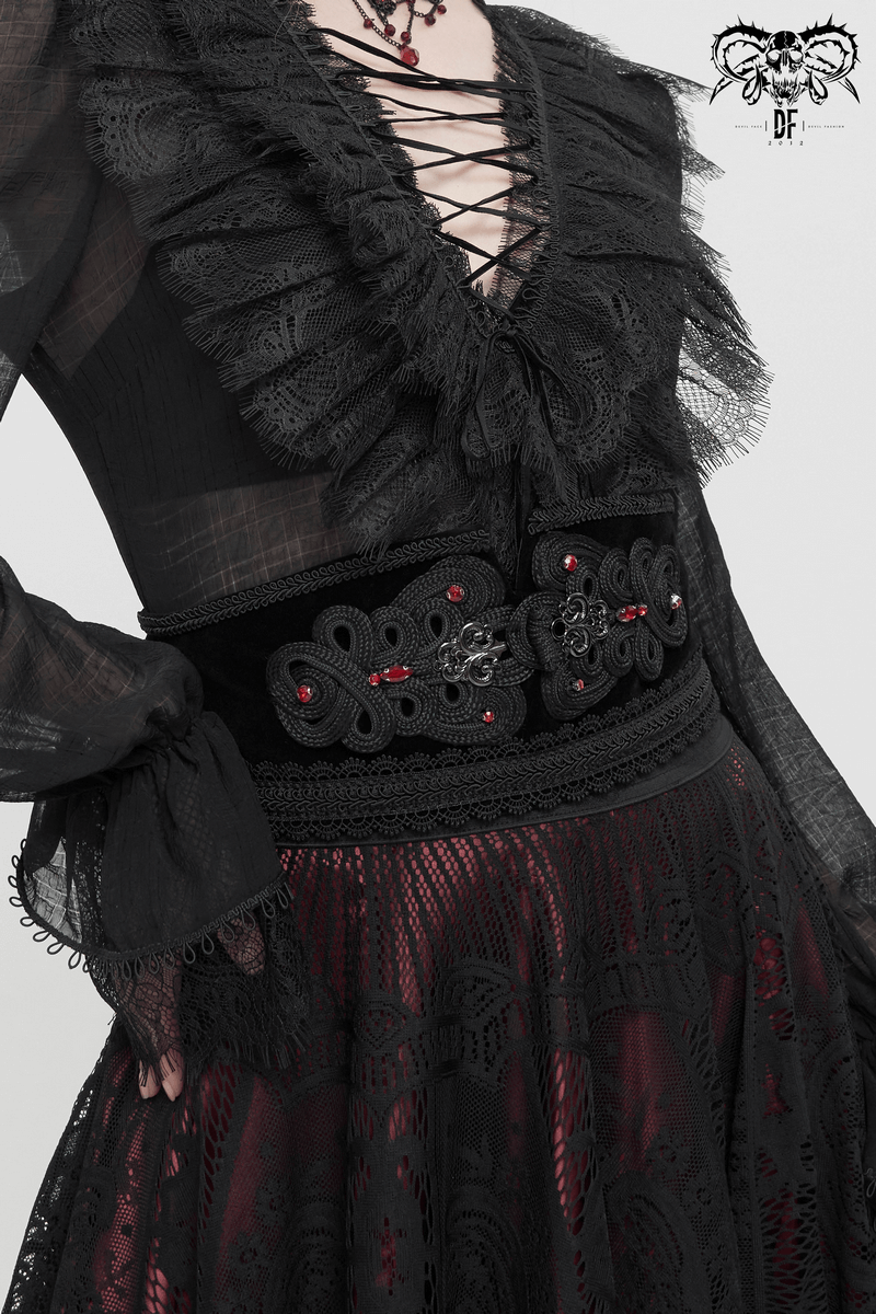 Stylish women's black vintage lace trim girdle with beads, perfect for gothic outfits and elegant looks.