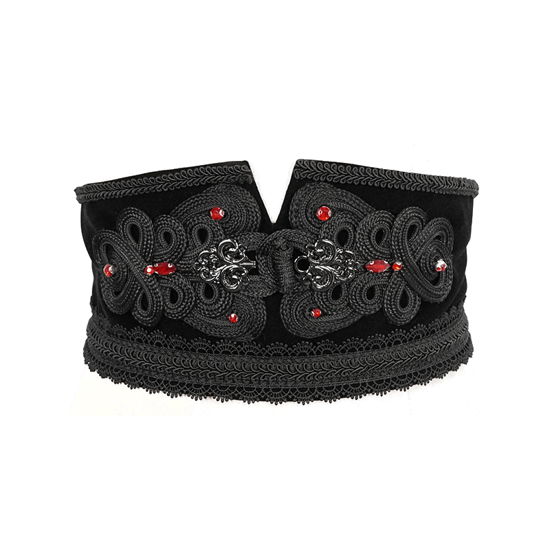 Vintage black lace corset belt with red beading, perfect gothic accessory for stylish outfits.